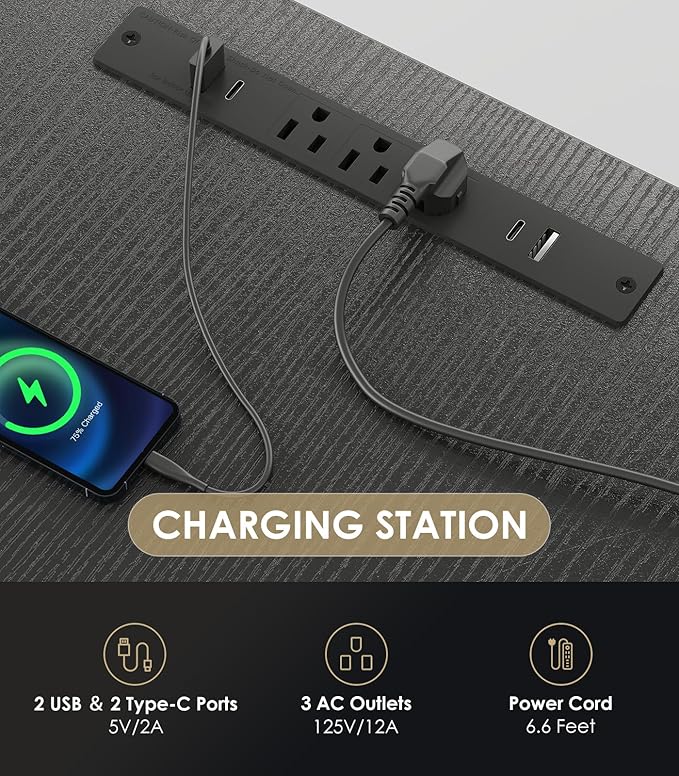 OffiGo Electric Standing Desk with 3-Piece Board, 79 Inch Height Adjustable Large Desk with Power Outlets, Sit Stand Table, Writing Computer Desk for Home, Office, Workstation, Black