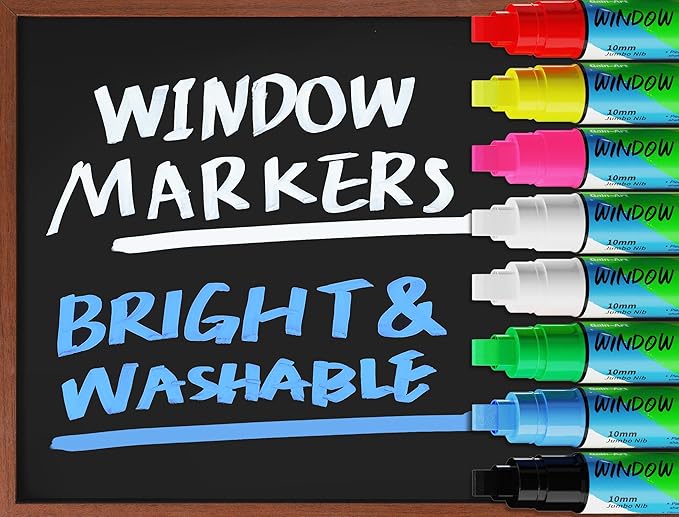 Car Window Markers for Glass Washable, 8 Jumbo Liquid Chalk Pens with 10mm Wide Tips & 3 in 1 Nib, Window Paint for Glass, Chalkboard, Menu Board, Restaurant, Bistro, Grocery Store