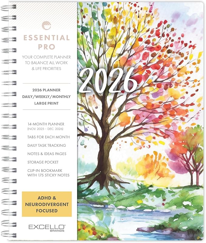 Essential PRO 2026 Daily, Weekly & Monthly Planner, 8.5"x11": 14 Months (Nov 2025 - Dec 2026) Monthly Tabs,Daily Tracking,Notes Pages,Storage Pocket,Bookmark w Sticky Notes (Tree Seasons)