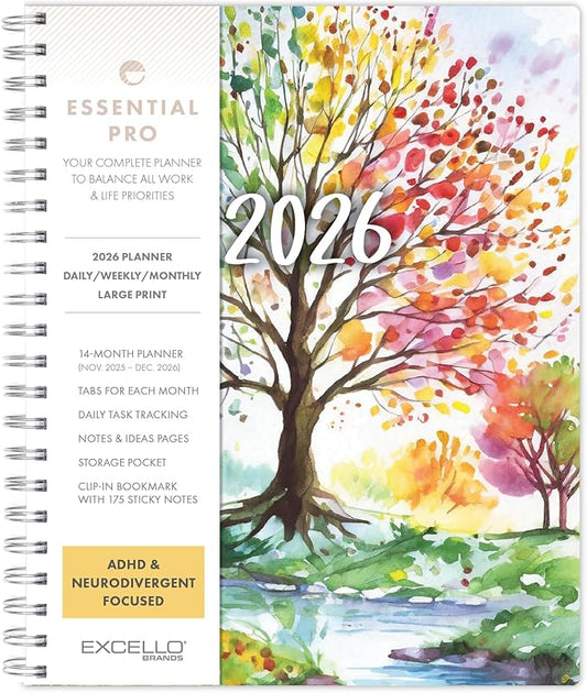 Essential PRO 2026 Daily, Weekly & Monthly Planner, 8.5"x11": 14 Months (Nov 2025 - Dec 2026) Monthly Tabs,Daily Tracking,Notes Pages,Storage Pocket,Bookmark w Sticky Notes (Tree Seasons)