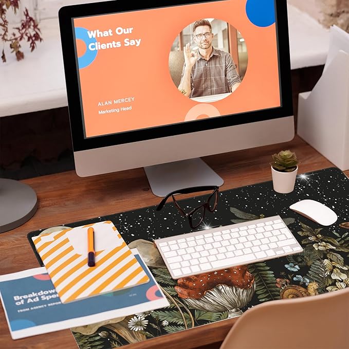 Large Gaming Mouse Pad for Desk,Cute Forest Mushroom Desk Mat,Starry Night Mushroom Desk Pad,Extended Big Computer Keyboard Mouse Pad with Non-Slip Base and Stitched Edge,35.4"x15.7"
