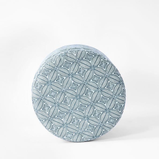 HomePop Upholstered Round Storage Ottoman|Homepop Home Décor|Upholstered Round Foot Rest Ottoman -Blue Indigo Print