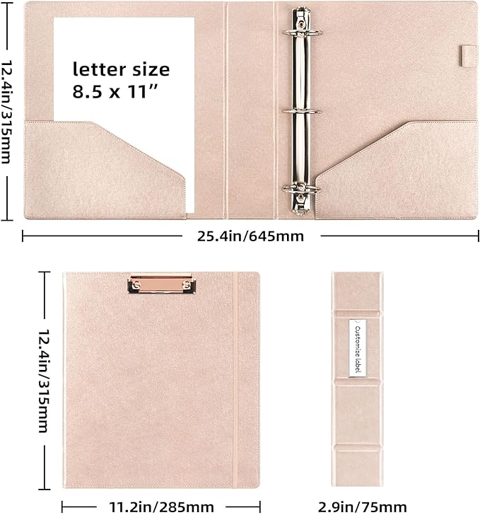 Ospelelf 3 Ring Binder with Clipboard 2 Inch Leather Binder for Letter Size (8.5" x 11"), Clipboard Binder with 5 Tab Dividers Back to School Supply, Rose Gold