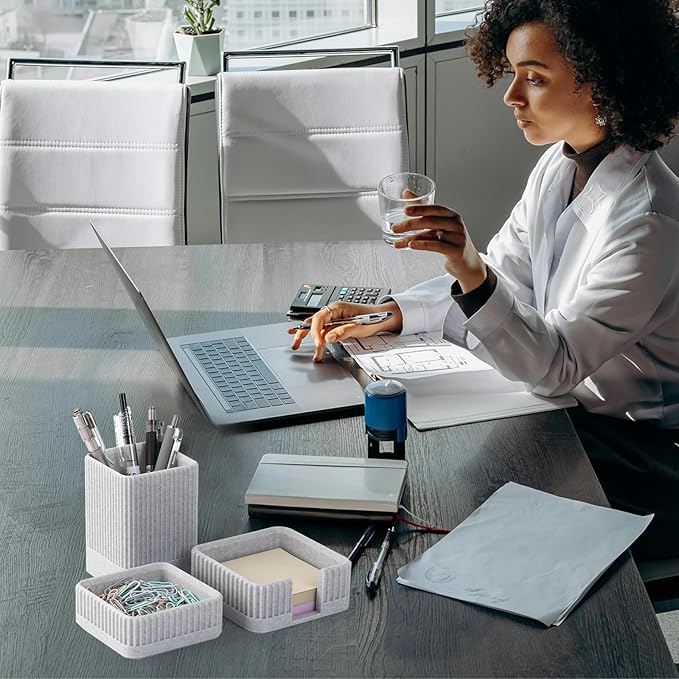 Aesthetic Desk Organizers and Accessories Set of 3 with Pen Holder,Paperclip Holder,Sticky Note Holder - Durable Plastic Pencil Holder for Office Women Men-Teacher Appreciation/Back-to-school Gift