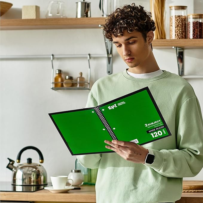 EPI Spiral Notebook | 3 Subject - Wide Ruled - 120 Sheets, Durable Spiral Binding | 10.5 x 8 in | Classroom Supplies | School, Office, Note Taking, Journaling - 12 Pack