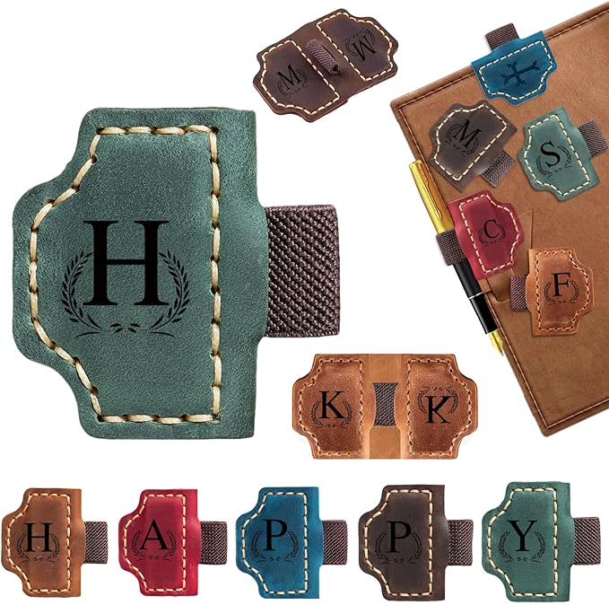 Custom Bygone Mark Bookmark with Pen Holder, 26 Letters Name Initial Personalized Magnetic Leather Bookmark, Gifts for Book Lovers, Readers, Travelers, Leather Book Marks (Blackish Green, H)