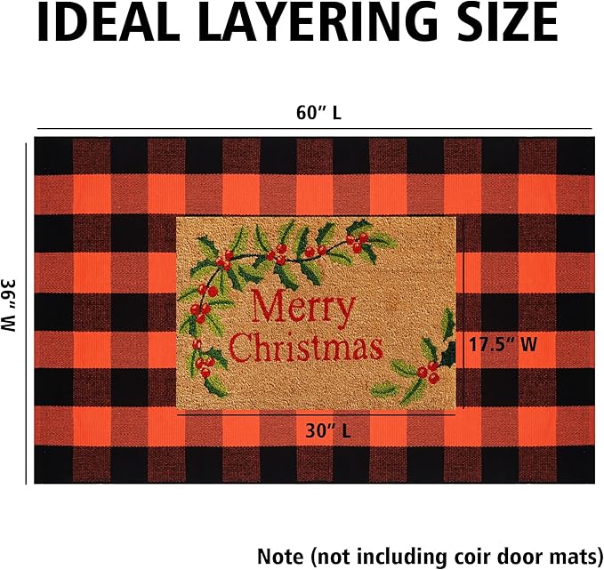 Fall Plaid Area Rug 3x5 Ft, Orange and Black Buffalo Check Large Farmhouse Cotton Rug, Hand-Woven Washable Indoor Outdoor Carpet for Halloween Thanksgiving Autumn Porch Patio Decor