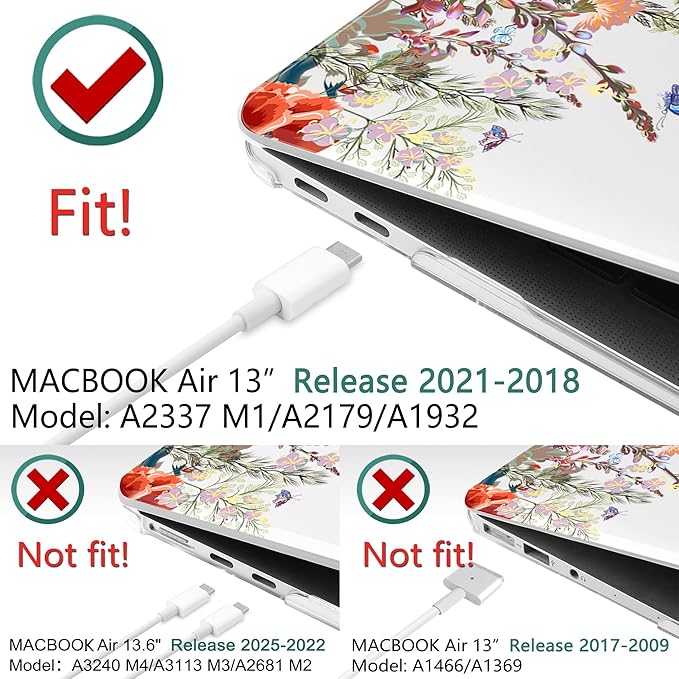 DONGKE Compatible with MacBook Air 13 inch Case 2021 2020 2019 2018 Release A2337 M1 A2179 A1932 with Retina Display & Touch ID, Plastic Hard Shell & Keyboard Cover - Floral Illustration