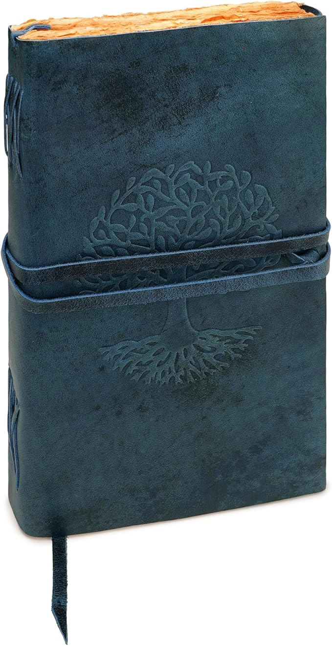 LUXEORIA Tree Of Life Leather Journal for Women and Men, Handcrafted Leather Journal for Writing Womens, Sketchbook, Travel Diary with Unlined Deckle Paper, Dark Blue 8x13