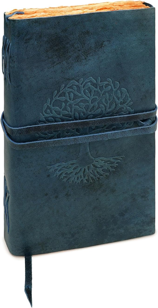 LUXEORIA Tree Of Life Leather Journal for Women and Men, Handcrafted Leather Journal for Writing Womens, Sketchbook, Travel Diary with Unlined Deckle Paper, Dark Blue 8x13