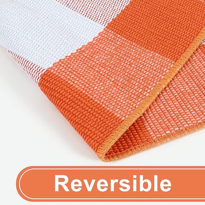 KIMODE Halloween Door Mat Outdoor 27.5"x43", Fall Decor Buffalo Plaid Outdoor Rug,Farmhouse Checkered Layered Welcome Door Mat for Entryway,Halloween Front Porch Decor,Orange and White