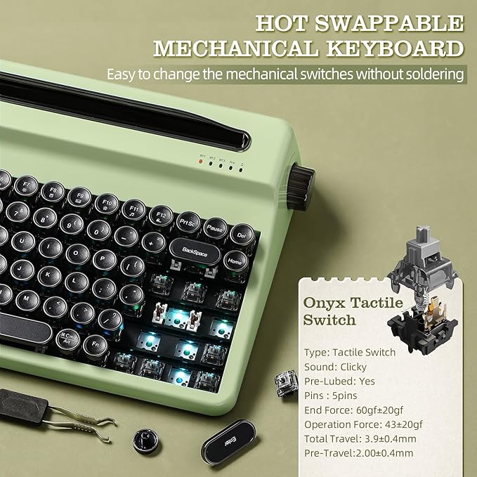 YUNZII QL75 Wireless Typewriter Hot Swap Retro Mechanical Keyboard,Punk Round Keycaps,RGB Backlit QMK/VIA Programmable,Multi-Device Keyboard with 2.4GHz/Type-C/BT5.0 (Green, Onyx Switch)