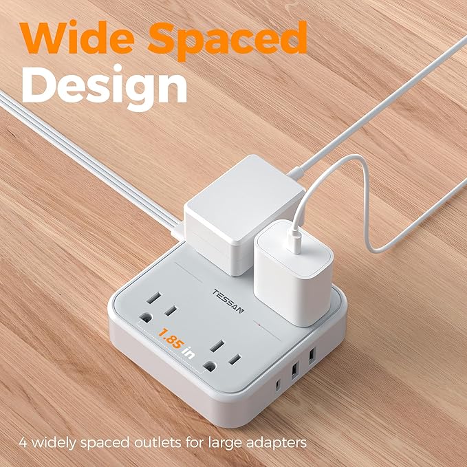 Flat Plug Extension Cord 5 Ft, TESSAN Surge Protector Power Strip Ring Pull with 3 USB (1 USB C) 4 Outlets, 900 Joules Protection, Desktop Charging Station for Home, Office, College, Dorm Room, Gray