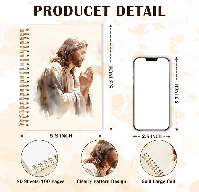 Qabliqo Christian Jesus Spiral Notebooks, Jesus Prayer Journals for Writing, Christian Journal for Women Men, Faith Based Gifts, Vintage Religious Notebook for Note Taking, 5.5x8.3 Inch