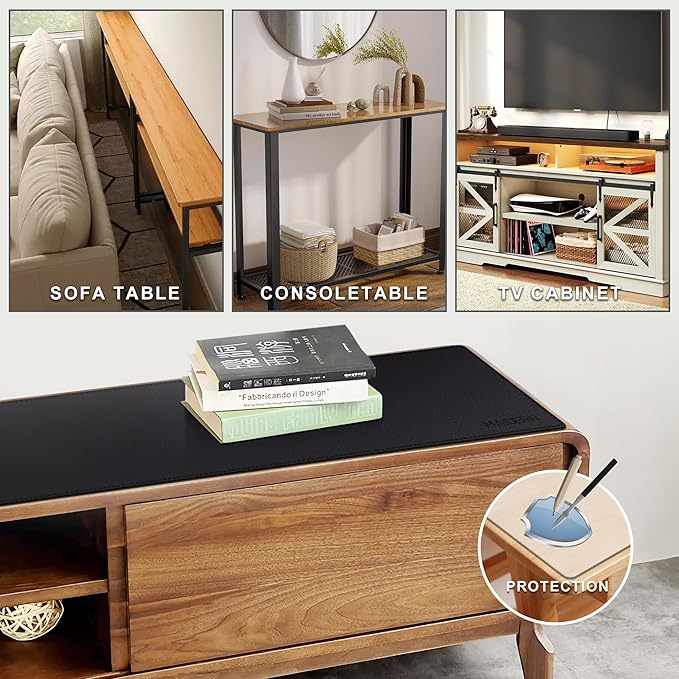 MAIDERN 39.4” x 7.9” Narrow Table Cover, Reversible Leather & Cork Console Table Mat, Long Slim Table Protector for Sofa Table, Entryway, Sideboard, Hallway, or Buffet Table (Black)