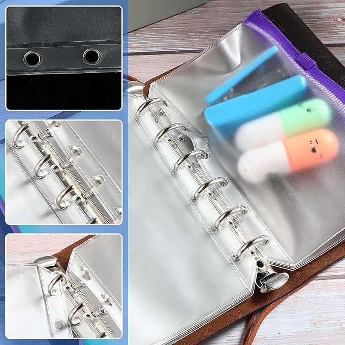 40 Pieces 6 Ring Binder Zipper Pouch, 6 Hole Binder Pockets with Zipper Bulk Binder Folders Plastic Binder Pouch Loose Leaf Bags Waterproof PVC Document Filing Bag(Colorful, A7)