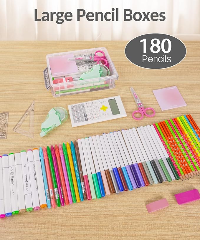 Sooez Back to School Supplies 6 Pack Extra Large Pencil Box, Plastic Pencil Case Crayon Box Bulk, Clear Marker Organizer Plastic Containers with Lid, Stackable Storage Boxes for Art Craft, Pen, Black