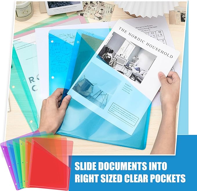 Seajan 24 Pcs Pocket Folders for 3 Ring Binder Clear Plastic Folders Sleeves with 2 Pockets 3 Hole Punch Binder Dividers Poly Slash File Jackets for Office School Document Organizer (Multicolor)