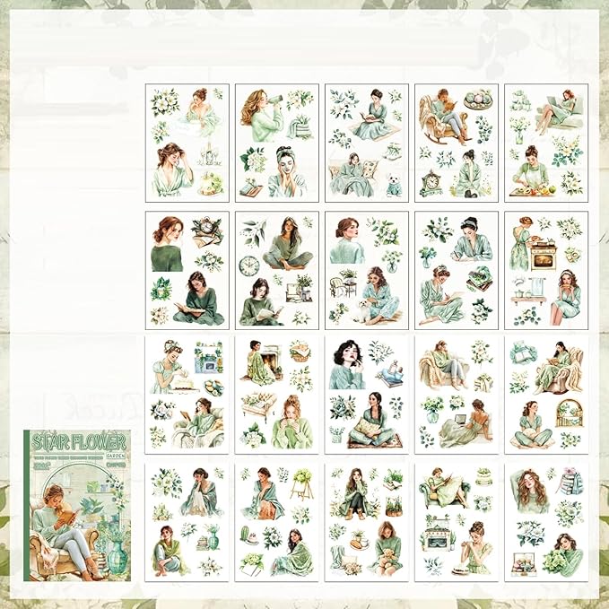 TIAMECH Star Hibiscus Garden Sticker Book - Green Girl Series, 20 Sheets PET & Washi Stickers for Scrapbooking, Ephemera, Waterproof Junk Journaling Supplies & DIY Crafts