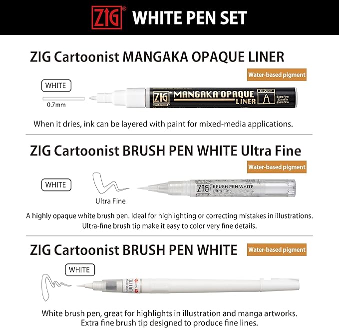 Kuretake Zig Inktober pen set, for Illustration, Manga Drawing, Lettering and Calligraphy, Professional Artist, Made in Japan (White(3pcs.))