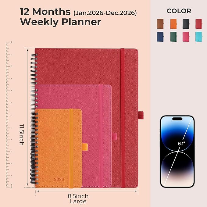 Planner 2026 Daily Weekly and Monthly,11.5"x8.5",12 Months Spiral Bound Calendar Agenda with Self-adhesive Pen Holder,2026 Appointment Book with Vegan Leather Soft Cover,Red