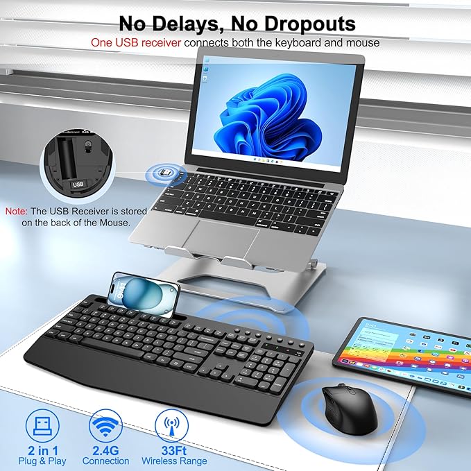 Wireless Keyboard and Mouse Combo with Palm Rest, Phone Holder, Full-Size Quiet Wireless Ergonomic Keyboard and Mouse, Comfortable Natural Typing Compatible for Windows, Laptop, Mac, PC