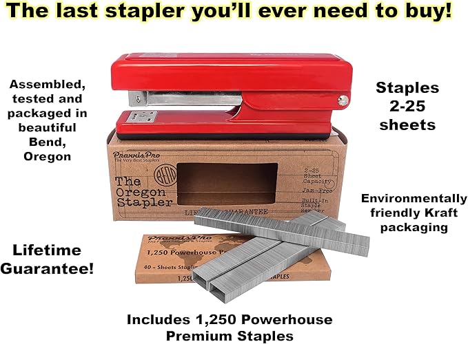 The Oregon Stapler, Built in USA, Built-in Staple Remover, Staples 2 to 25 Sheets, includes Box of 1,250 "Powerhouse" Standard 26/6 Staples, for Home, School or Office, Red