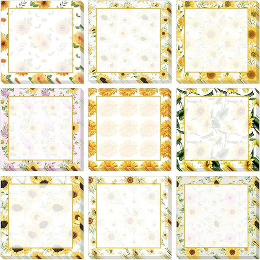 9 Pieces Sunflower Sticky Note Adhesive Cute Sunflower Memo Notes Self-Stick Spring Sunflower SNote Pads for Reminders, Study, Work, Office, School and Home, 9 Styles