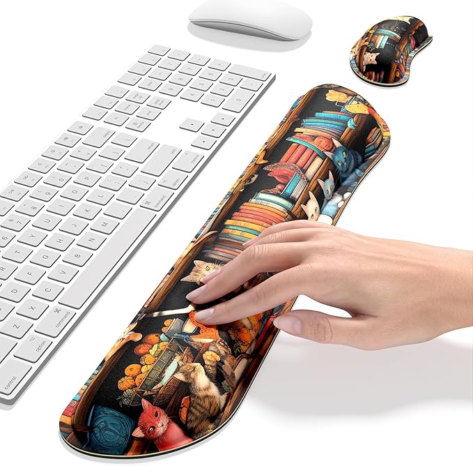 Dapesuom Enlarge Keyboard Wrist Rest, Memory Foam Wrist Cushion for Desk Mats Support, Cute Typing Pain Relief Keyboard Mouse Pad Rests Set with Non-Slip Base for Gaming Laptop Computer, Library Cats