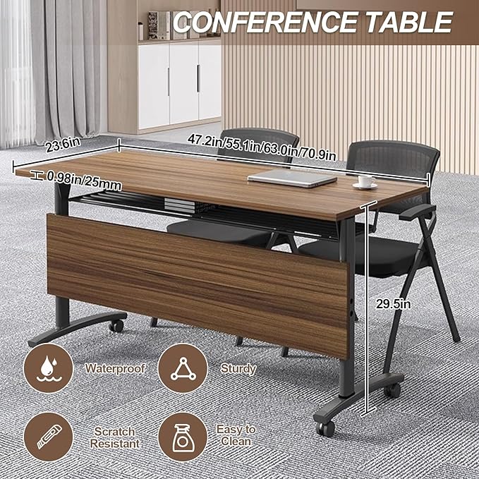 Folding Conference Room Table, Modern Conference Tables with Wheels, Large Rectangular Mobile Training Tables for Office Classroom, Foldable Modular Boardroom Seminar Table Walnut (4pack L55.1in)