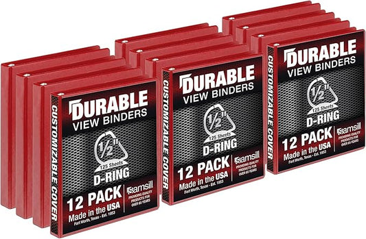 Samsill Durable 0.5 inch 3 Ring Binder, Made in USA, D Ring Binder,FSC 100% Recycled Chipboard, Red, 12 Pack