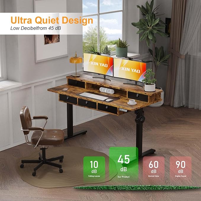 XINYAO Electric Standing Desk with 5 Drawers, 55x24 Inch Height Adjustable Sit Stand Up Desk with Storage Support 290lbs Ergonomic Rising Table with Wheels for Home Office