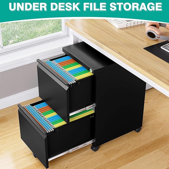 SISESOL Assembled 2 Drawer File Cabinet on Wheels,Metal Filing Cabinet with Lock,Black Rolling File Cabinets,Under Desk Office Cabinets for Home Office,Fit A4/Letter/Legal,Pre-Assembled Except Caster