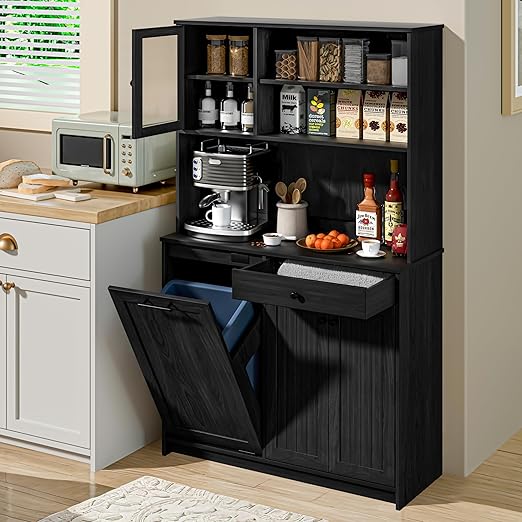 OLD CAPTAIN Tilt Out Trash Cabinet with Deodorising Function, Kitchen Hutch with Microwave Shelf and Drawer, Kitchen Pantry with Trash Cabinet for 10 Gallons, Black