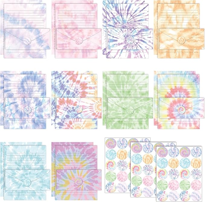 TaoBary 160 Pcs Stationery Paper Set 50 Double Sided Stationery Papers with 50 Matching Envelopes and 60 Round Dot Sticker, 10 Design(Tie Dye,8.5 x 11 Inch)