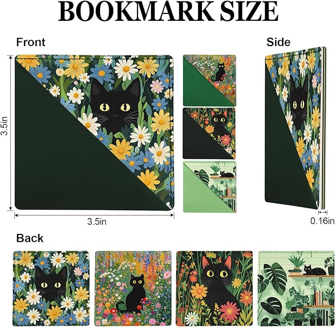 Black Cat Floral Corner Bookmarks 4 Pcs,Cute Funny Leather Bookmark Book Accessories for Book Lovers, Reading Book Page Markers for Women Men Kids Girls Boys Student Teacher Office Stationery
