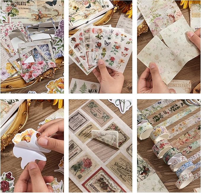 Vintage Botanical Scrapbooking Supplies Kit, Aesthetic Flower Scrapbook Kit for Bullet Junk Journal, 12 Rolls Washi Tape, Stickers Papers for DIY Journaling Supplies, Craft Gift for Girl Kid Women
