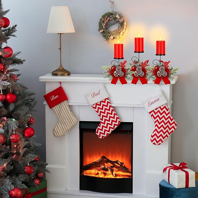 Yunlly Set of 3 Christmas Centerpiece Candleholder with Flameless Candlelights, Xmas Ball Adorned Candelabrum for Xmas Family Party Holiday Table Mantle Decoration