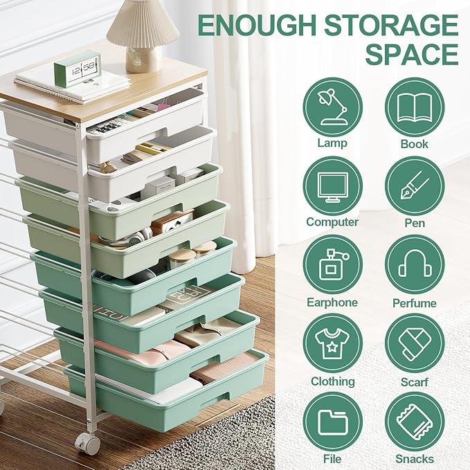 Storage Cart with 8 Drawers, Utility Cart with White Drawers and Wooden Tabletop, Craft Cart, Teacher Organization for Classroom, Storage Furniture, Office Organization, Green