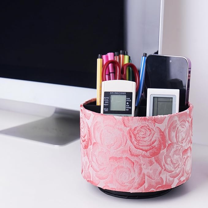 QIELIZI Round Leather Art Supply Organizer,Remote Control Holder,360 Degree Rotating,Multi-Functional Pencil Holder,4 Compartments Desktop Stationary Organizer(1-3D Rose Pink)