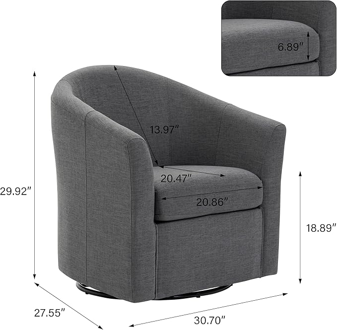 UIXE 360° Swivel Barrel Accent Chair, Modern Round Arm Chair Upholstered Club Armchair, Single Sofa Seating in Fabric for Living Room, Bedroom (Dark Grey)