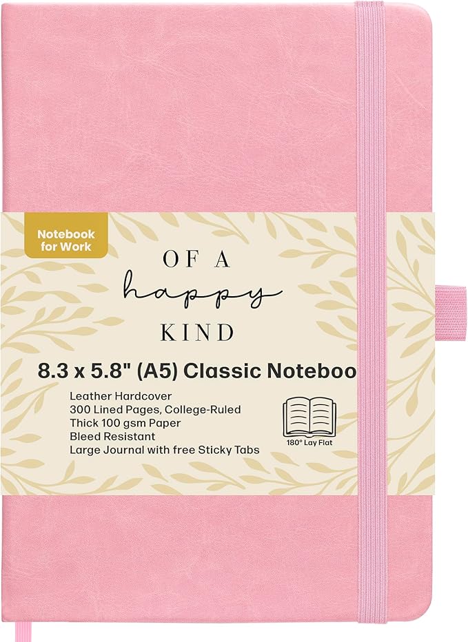 Lined Leather Bound Journal Notebook, A5 Hardcover - Pink 5.8x8.3" - Thick 300 Pages College Ruled Paper Journals for Men and Women - Personal and Professional Note Book for Writing & Journaling
