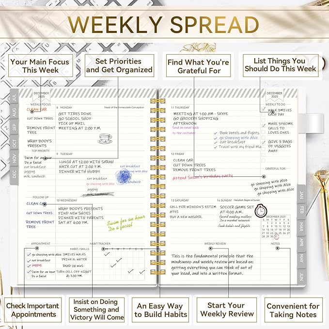 Academic Planner 2025-2026, Weekly and Monthly Planners for Women, Jul.2025 - Jun.2026, AIMPEAK Daily Calendar Planner for Teacher & Student, Monthly Tabs, White Marble, 7"x10"
