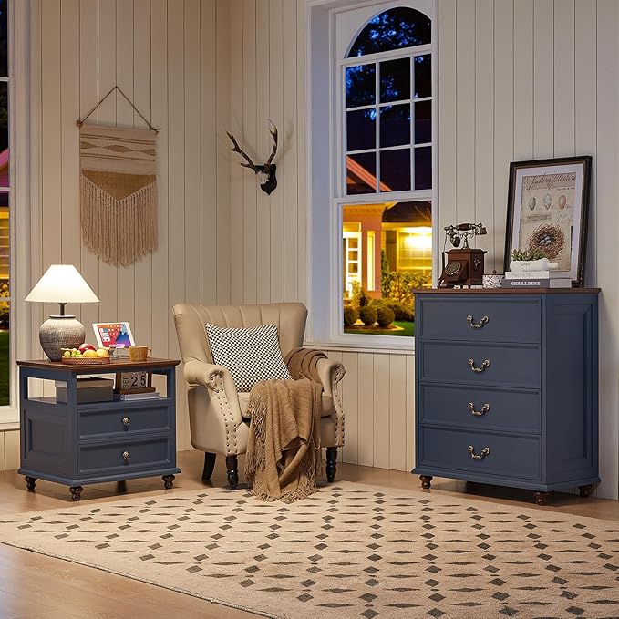 Farmhouse 4 Drawer Dresser for Bedroom, 37" Tall Rustic Chests of Drawers w/ 4 Solid Wood Feet, Mid Century Modern Wooden Closet Storage Dressers Organizer for Living Room, Hallway, Navy Blue