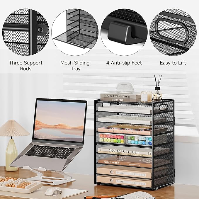 SUBEKYU 9 Tier Paper Organizer for Desk - Black Metal Mesh Letter Tray File Paper Sorter Organizer Include 6 Pcs Adjustable Height Slid Tray with Handles for Office School Home Organization Storage