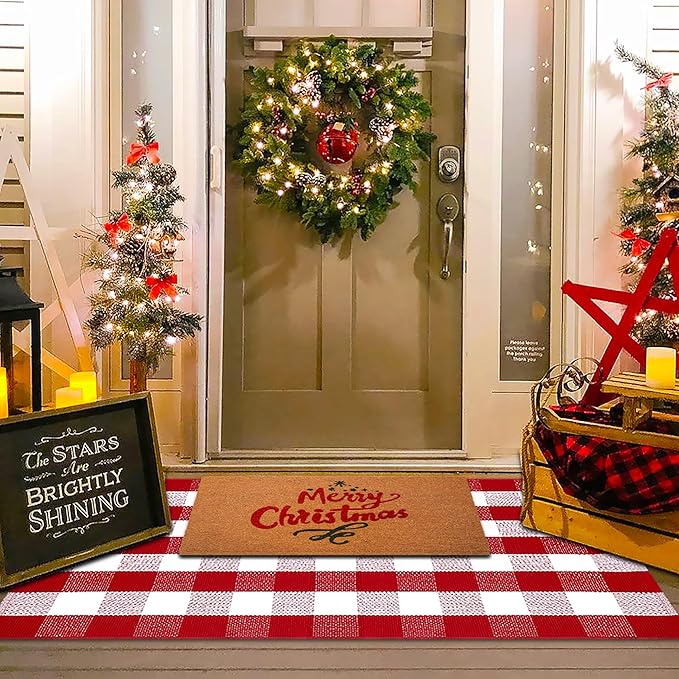Christmas Red and White Plaid Rug, 3' x 5' Cotton Hand-Woven Layered Door Mat for Front Porch, Entryway, Outdoor Holiday Decor, Washable Buffalo Check Rug for Home, Patio, Kitchen