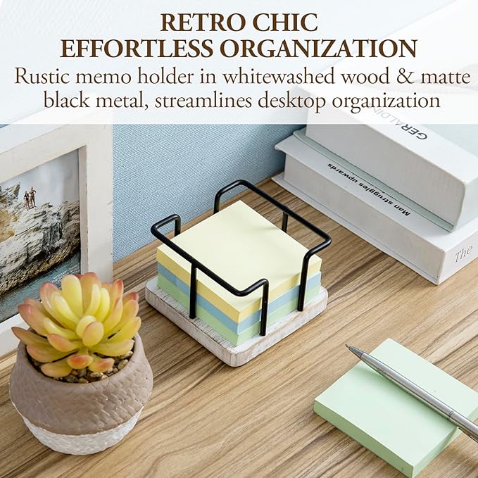 MyGift Shabby Whitewashed Solid Wood and Industrial Matte Black Metal Wire Sticky Note Cube Holder, Office Desktop Self Adhesive Memo Pad Storage Dispenser