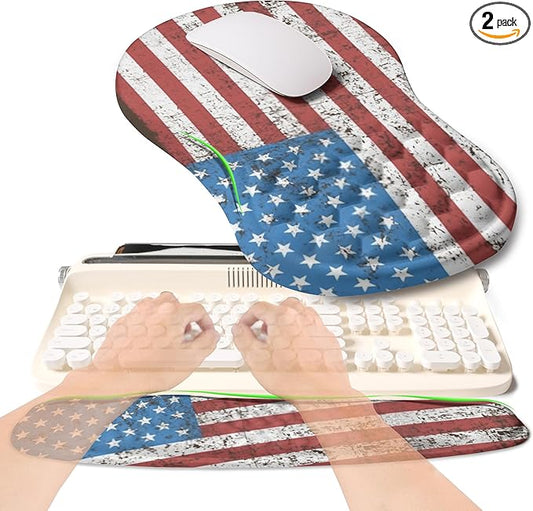 2-in-1 Ergonomic Set, Wave Rise Keyboard Wrist Rest and Massage Bulge Slope Mouse Pad Wrist Support, Cushion Memory Foam Integrated to Relieve Wrist Pain, American Flag