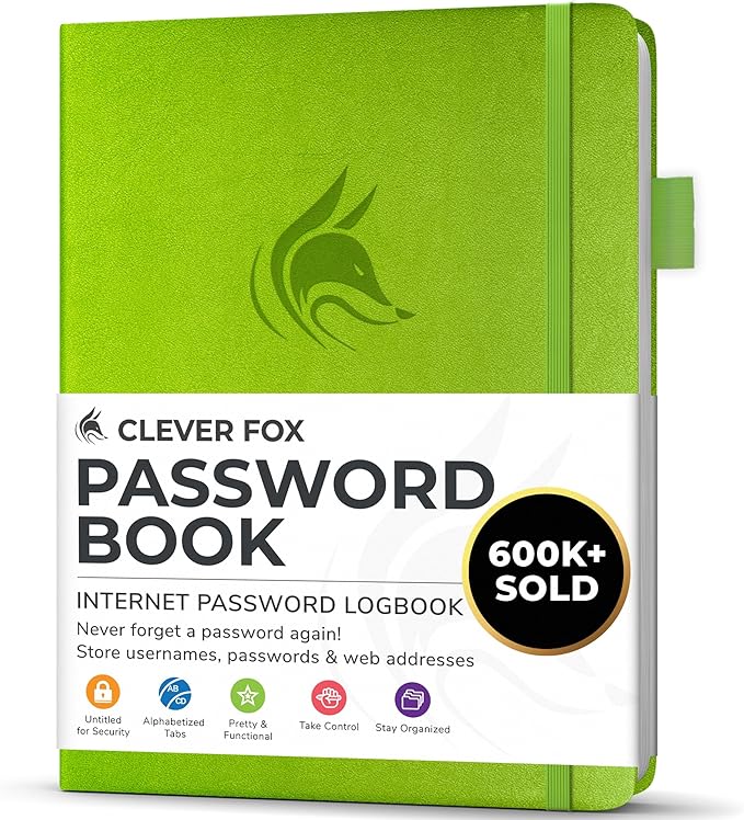 Clever Fox Password Book with alphabetical tabs. Internet Address Organizer Logbook. Small Pocket Password Keeper for Website Logins (Green)