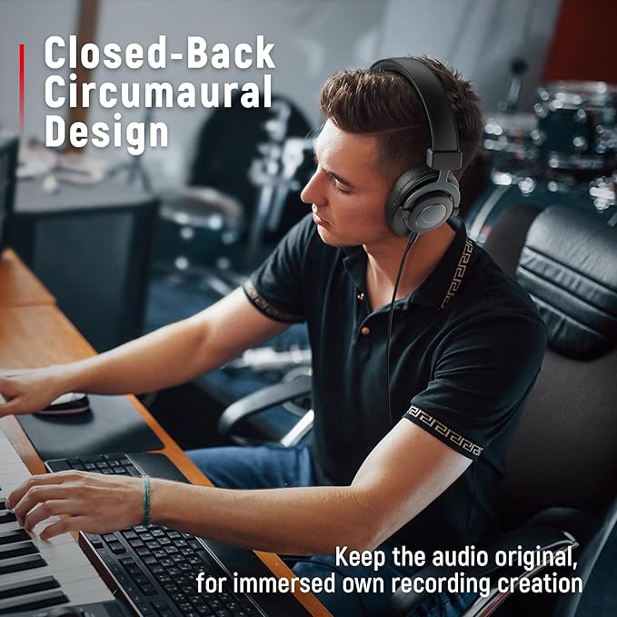 FIFINE Studio Monitor Headphones for Recording, Wired Headphones with 50mm Driver, Over Ear Headset with Detachable Cables 3.5mm or 6.35mm Jack, Black, on PC/Mixer/Amplifier-H8